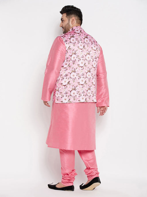 Men's Plus Size Pink Floral Printed Jacket With Pink Solid Kurta Pyjama Set