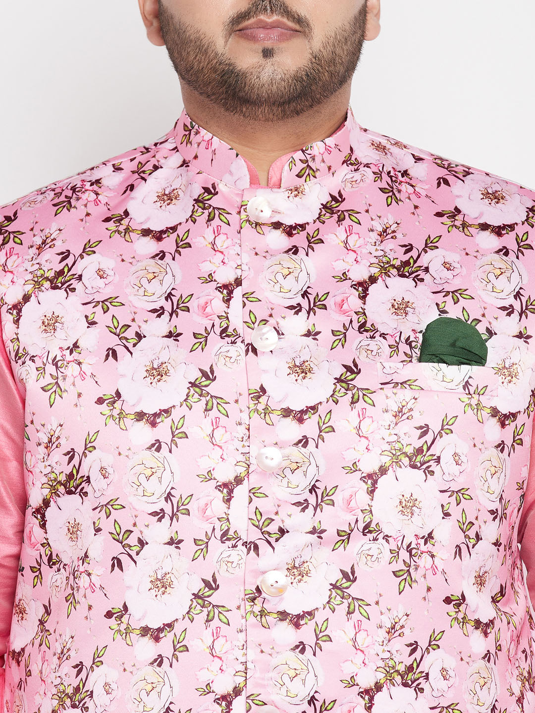 Men's Plus Size Pink Floral Printed Jacket With Pink Solid Kurta Pyjama Set
