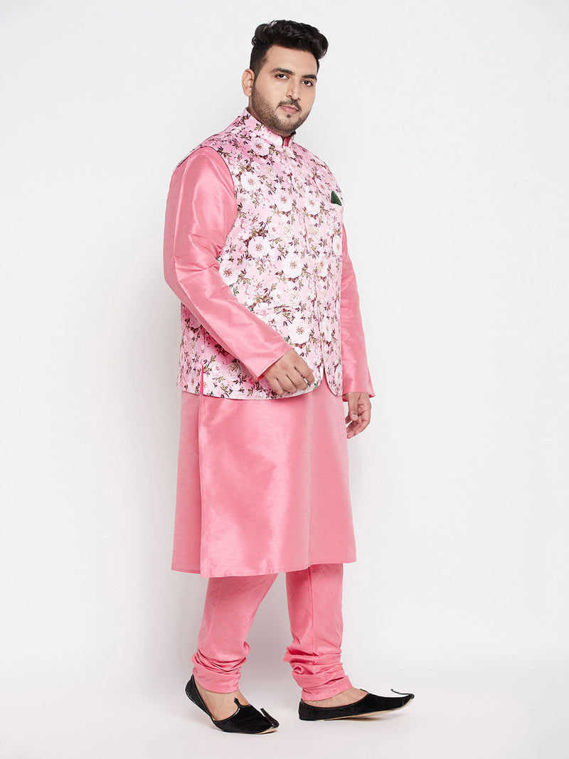 Men's Plus Size Pink Floral Printed Jacket With Pink Solid Kurta Pyjama Set