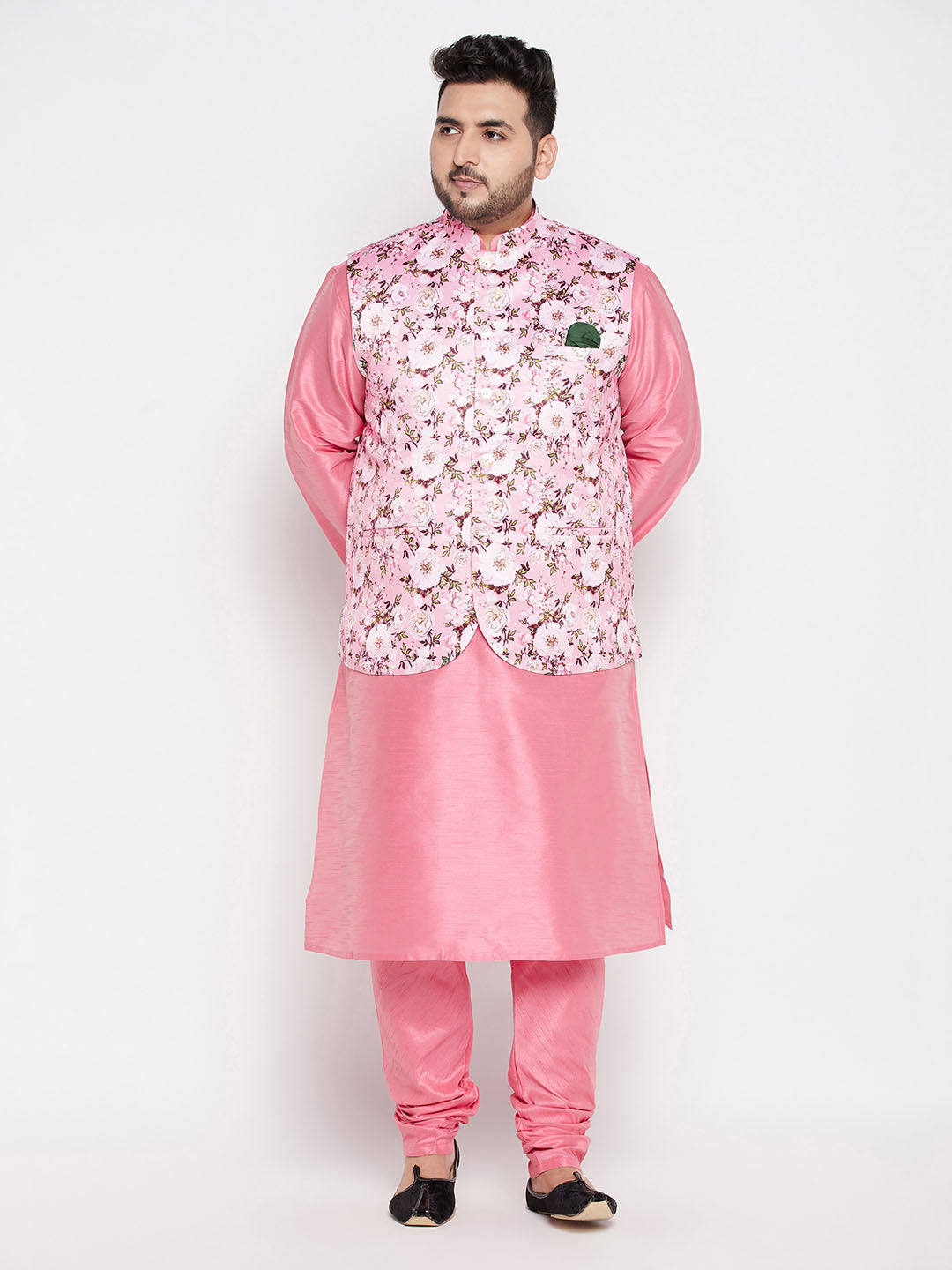Men's Plus Size Pink Floral Printed Jacket With Pink Solid Kurta Pyjama Set
