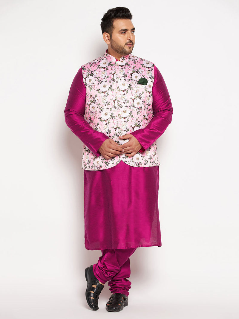 Men's Plus Size Pink Floral Printed Jacket With Fuchsia Solid Kurta Pyjama Set