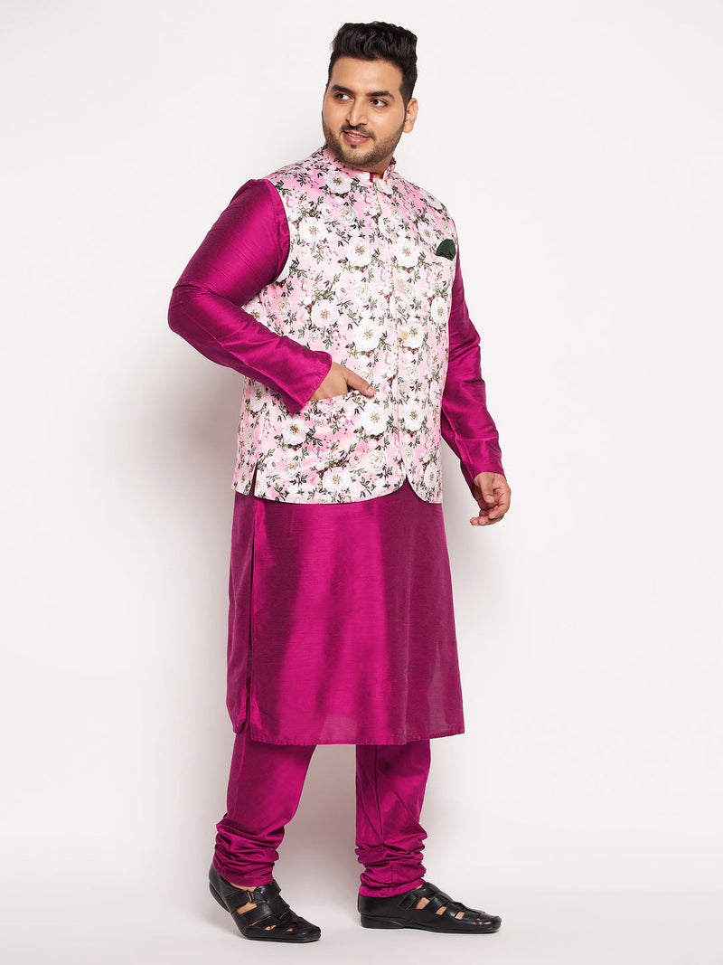 Men's Plus Size Pink Floral Printed Jacket With Fuchsia Solid Kurta Pyjama Set