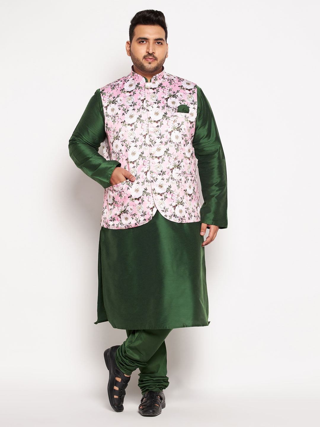 Men's Plus Size Pink Floral Printed Jacket With Viscose Green Solid Kurta Pyjama Set