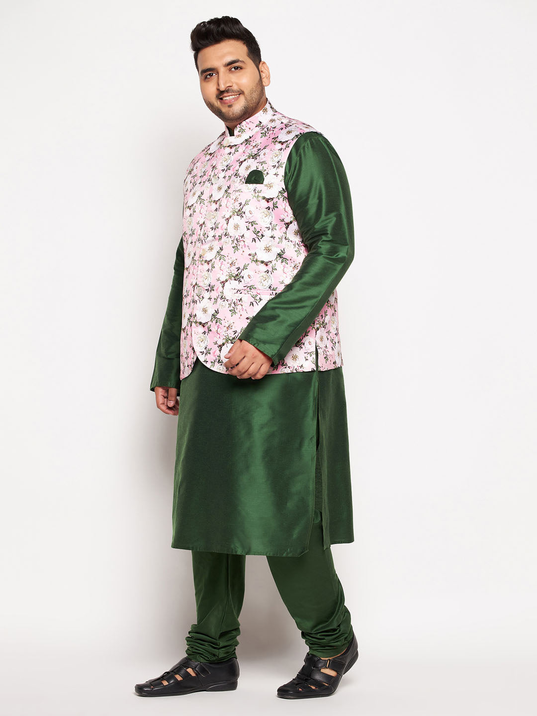 Men's Plus Size Pink Floral Printed Jacket With Viscose Green Solid Kurta Pyjama Set