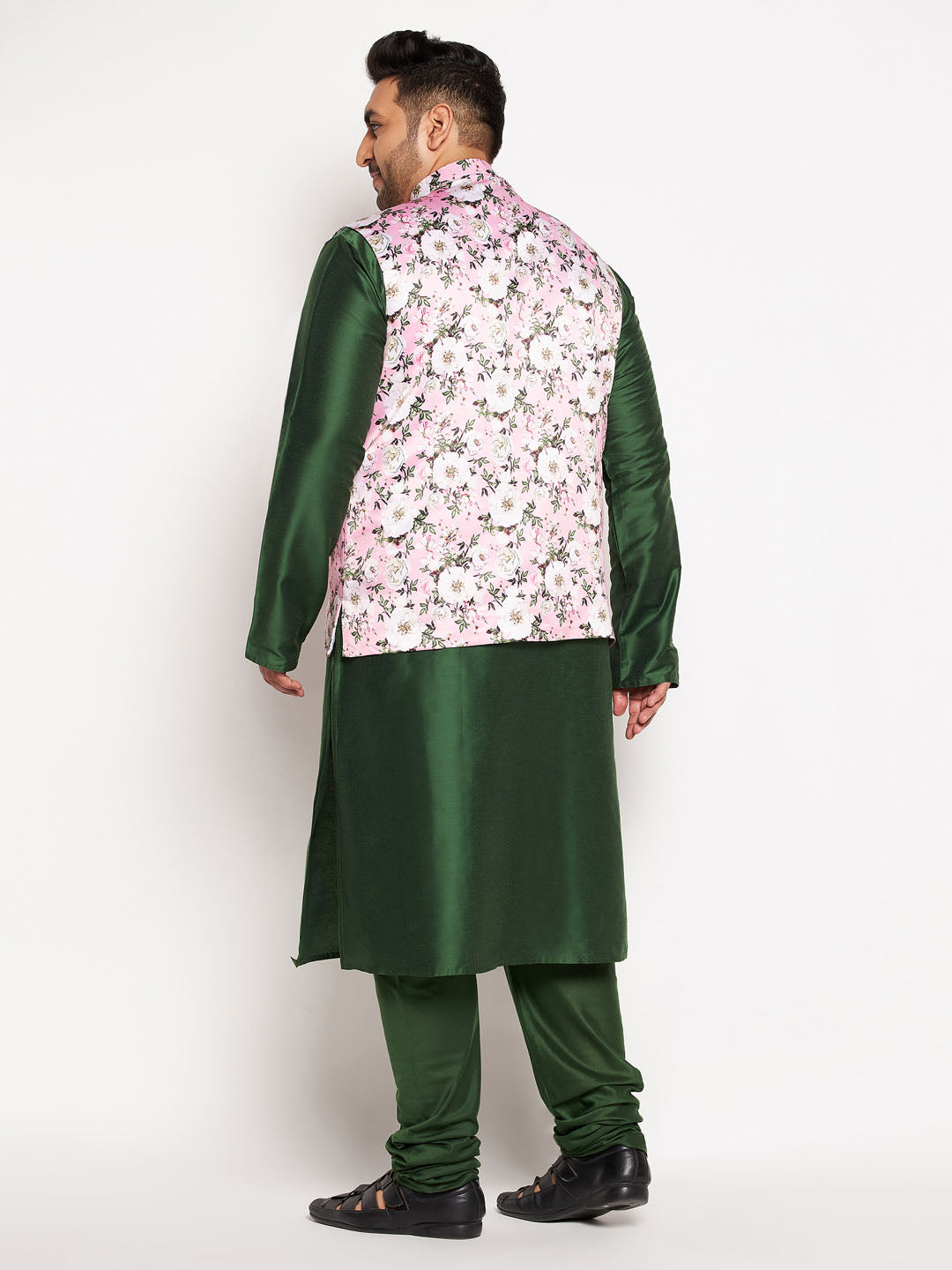 Men's Plus Size Pink Floral Printed Jacket With Viscose Green Solid Kurta Pyjama Set