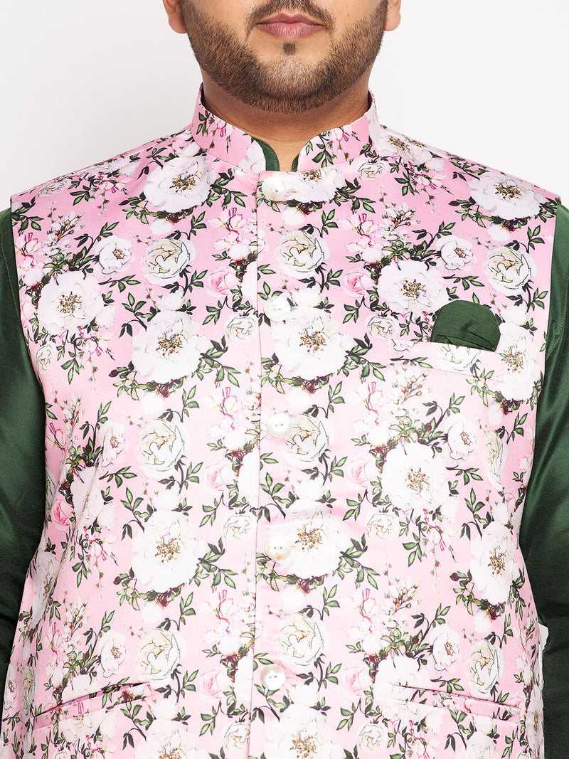 Men's Plus Size Pink Floral Printed Jacket With Viscose Green Solid Kurta Pyjama Set