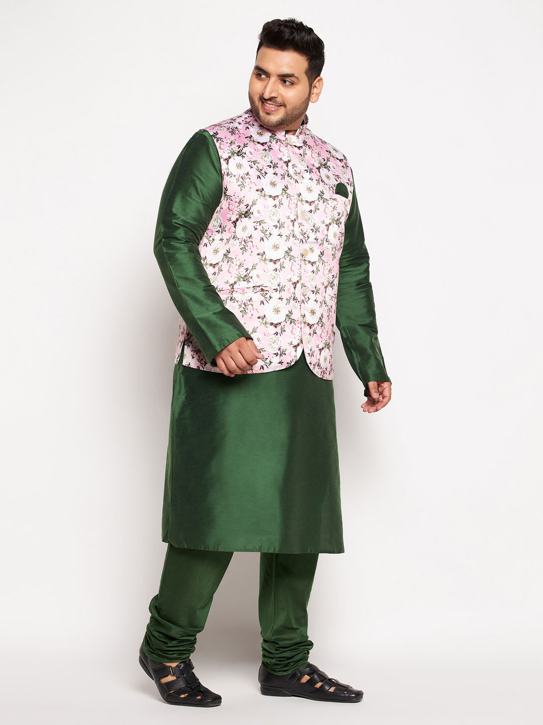 Men's Plus Size Pink Floral Printed Jacket With Viscose Green Solid Kurta Pyjama Set