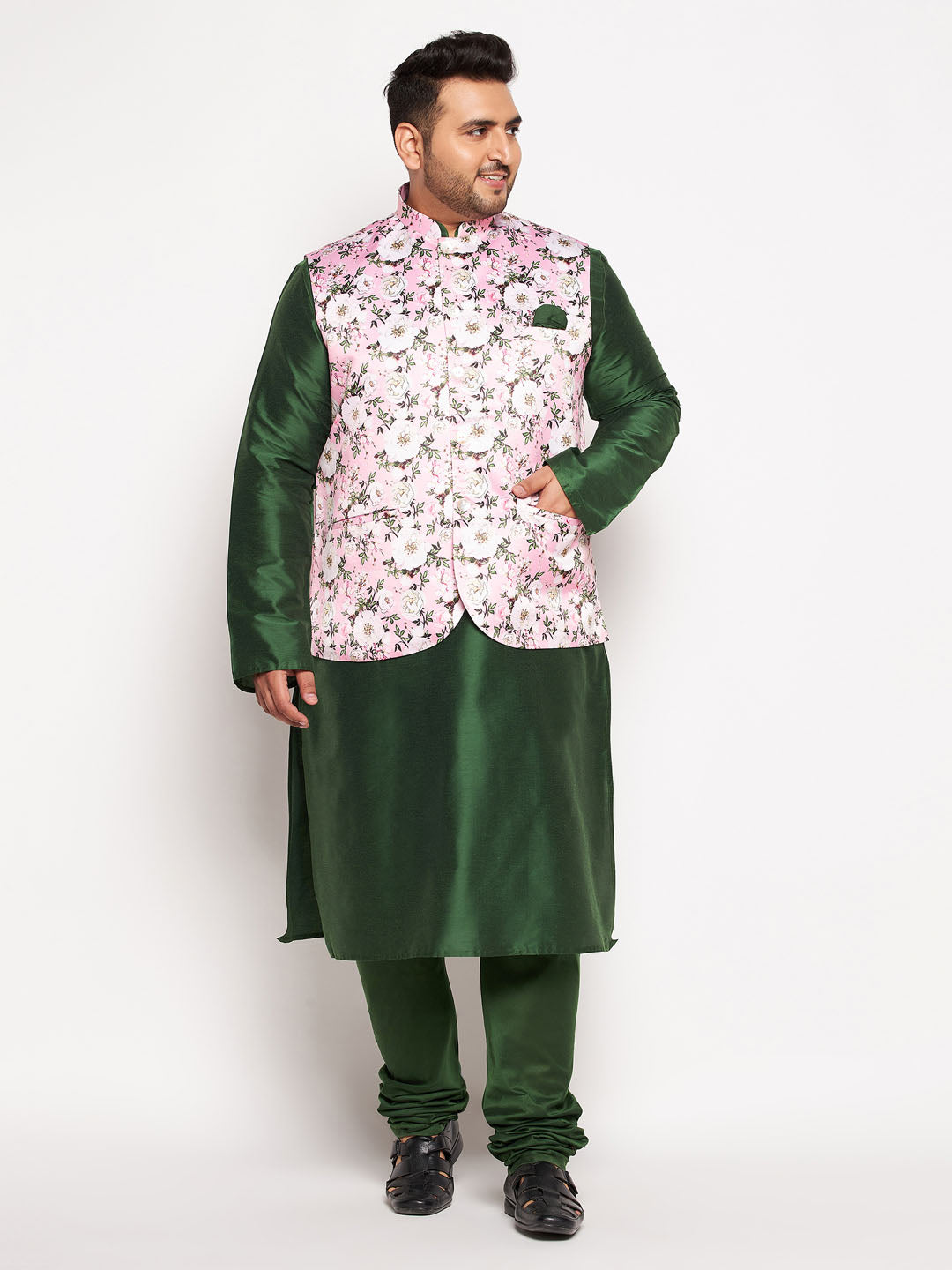Men's Plus Size Pink Floral Printed Jacket With Viscose Green Solid Kurta Pyjama Set