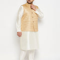 Men's Plus Size Beige Matka Silk Nehru Jacket With Cream Silk Blend Kurta Andpant Style Pyjama Set