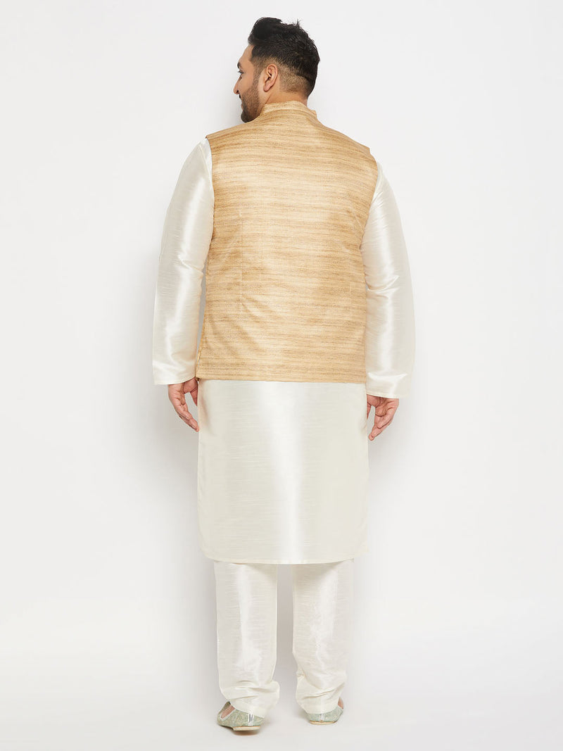 Men's Plus Size Beige Matka Silk Nehru Jacket With Cream Silk Blend Kurta Andpant Style Pyjama Set