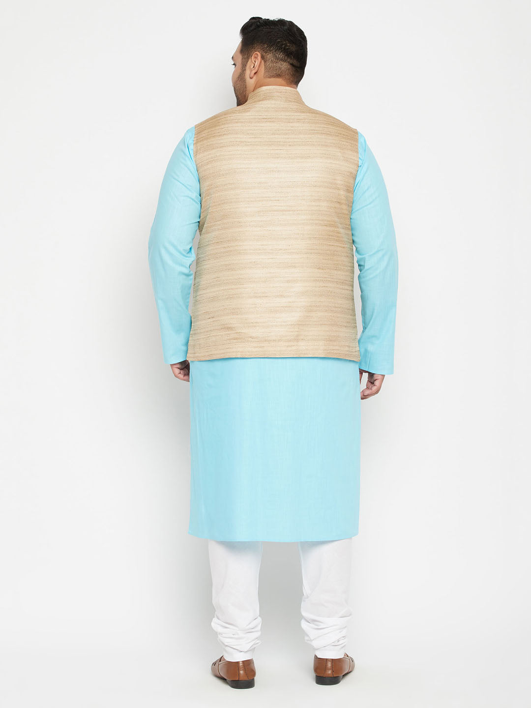 Men's Plus Size Aqua And Beige Cotton Blend Jacket Kurta Pyjama Set
