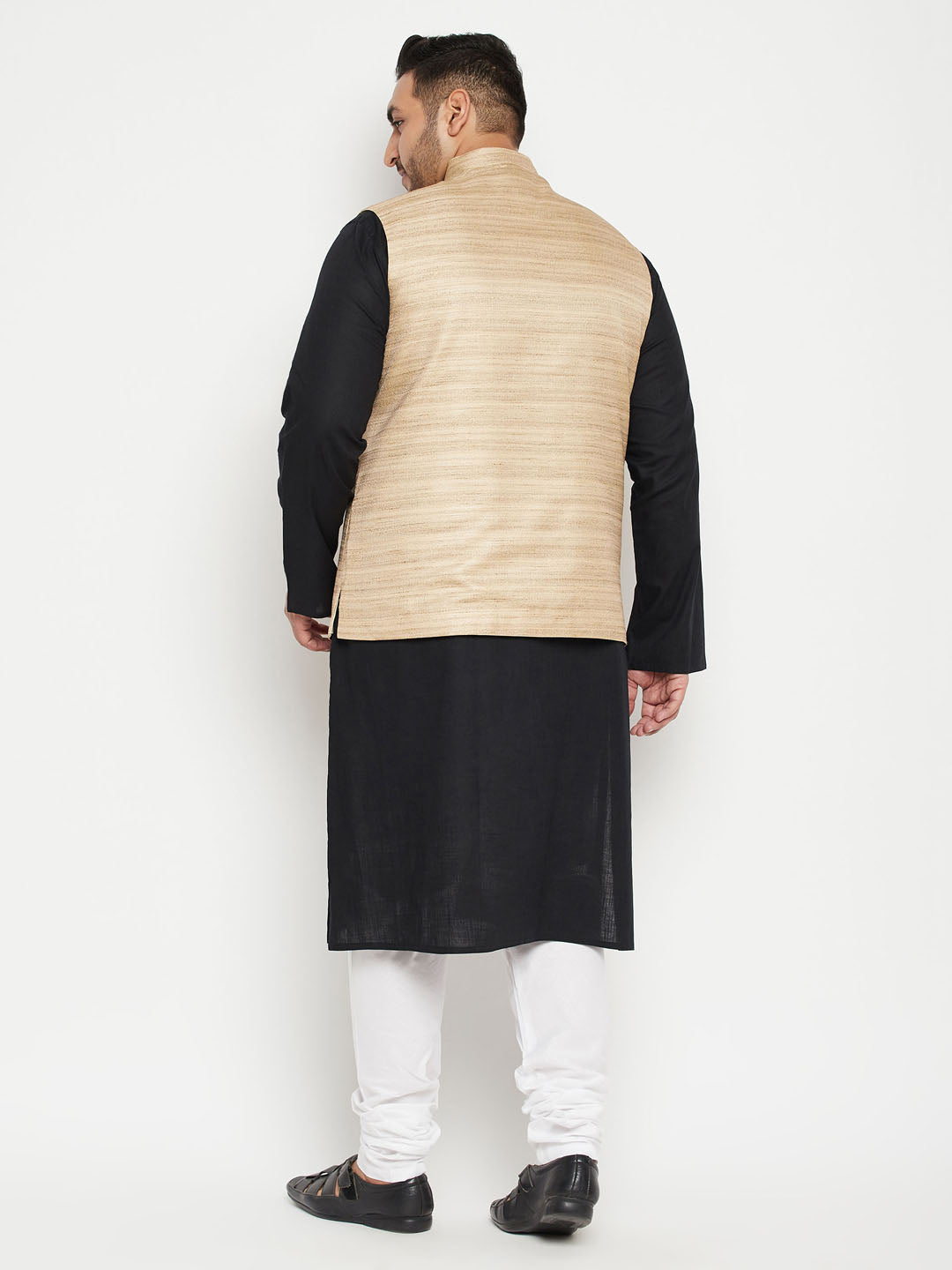 Men's Plus Size Black And Beige Cotton Blend Jacket Kurta Pyjama Set