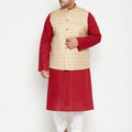 Men's Plus Size Maroon And Beige Cotton Blend Jacket Kurta Pyjama Set
