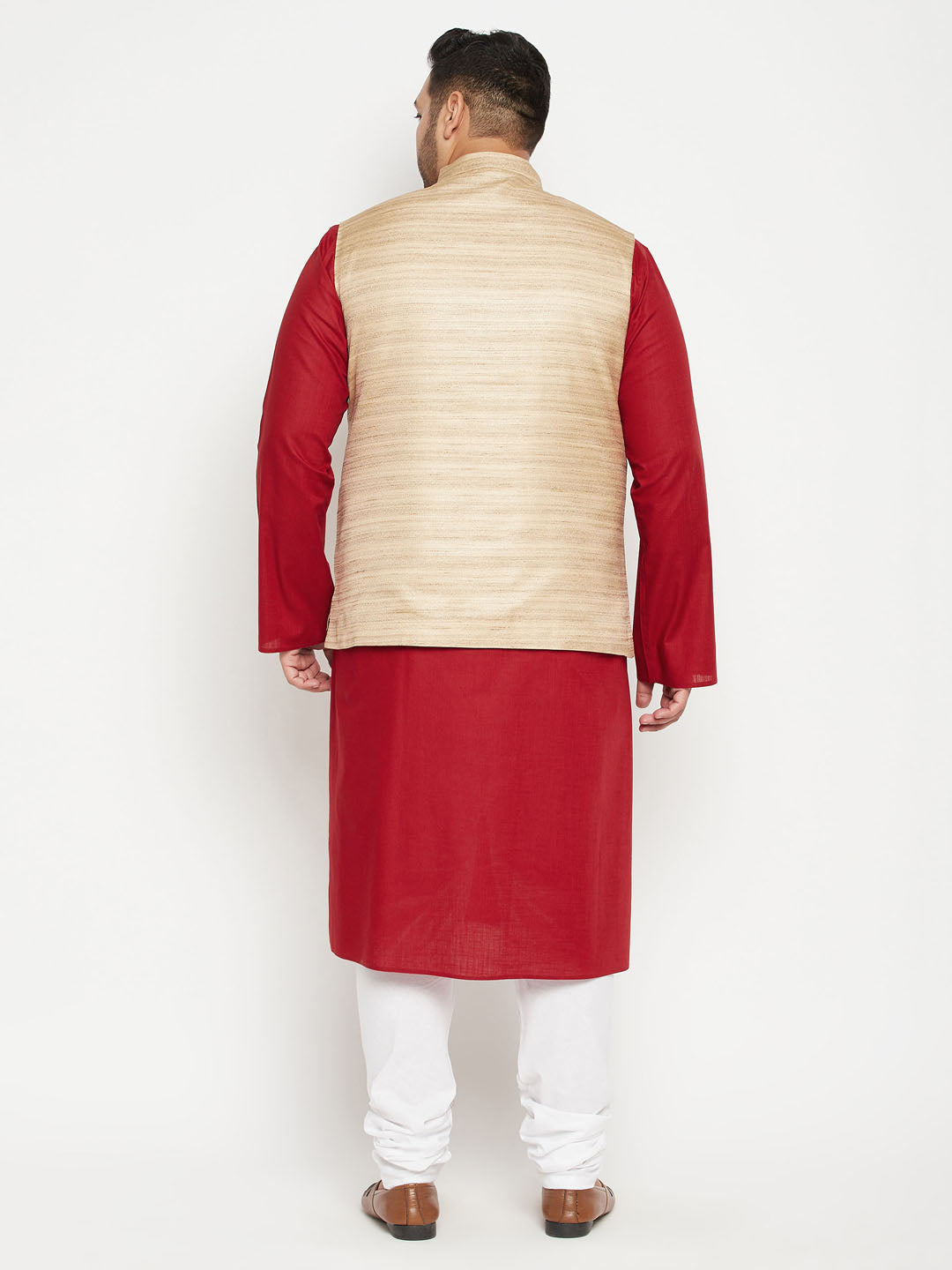 Men's Plus Size Maroon And Beige Cotton Blend Jacket Kurta Pyjama Set