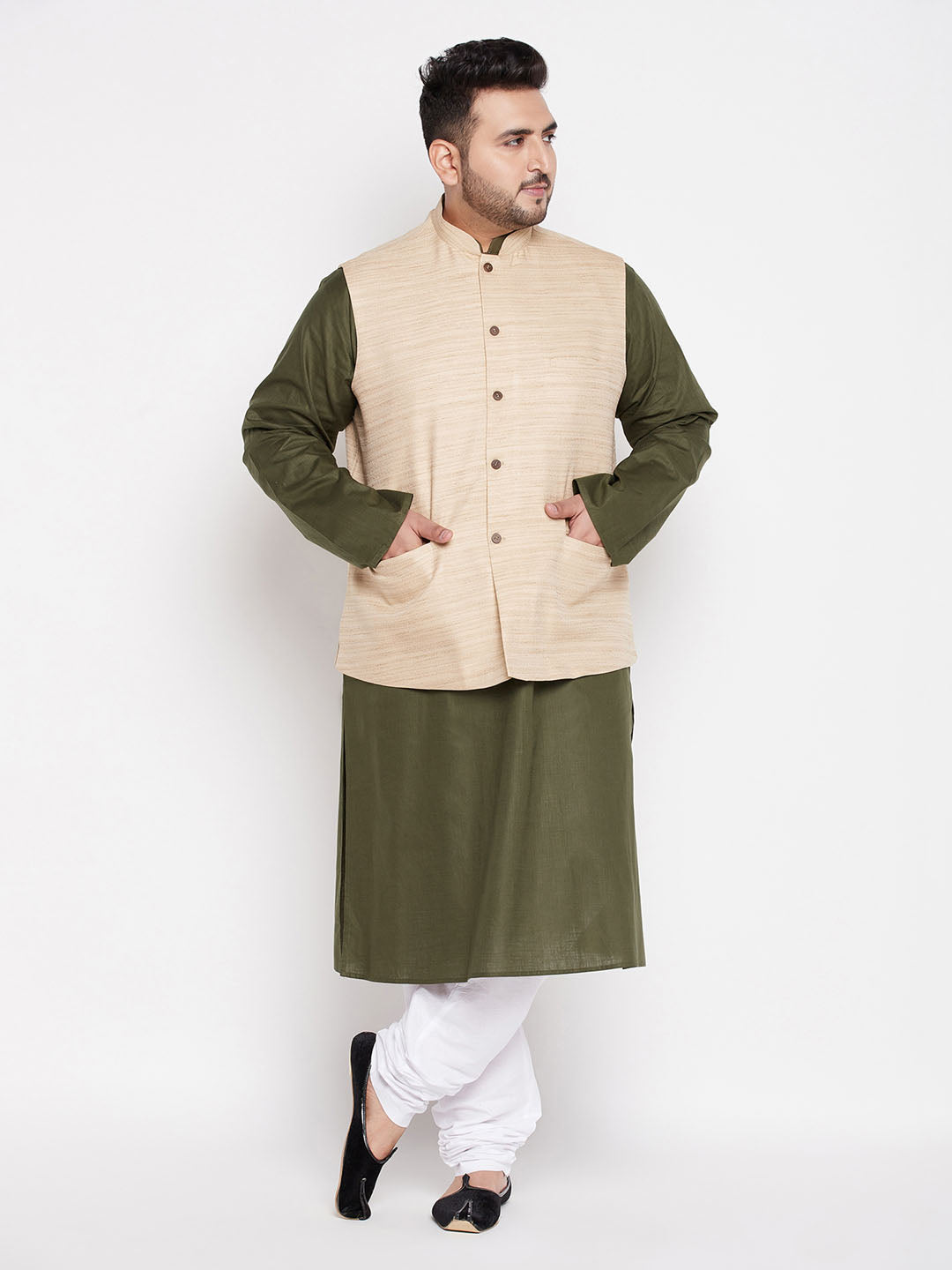 Men's Plus Size Beige Solid Jacket With Mint Green Solid Kurta And White Pyjama Set