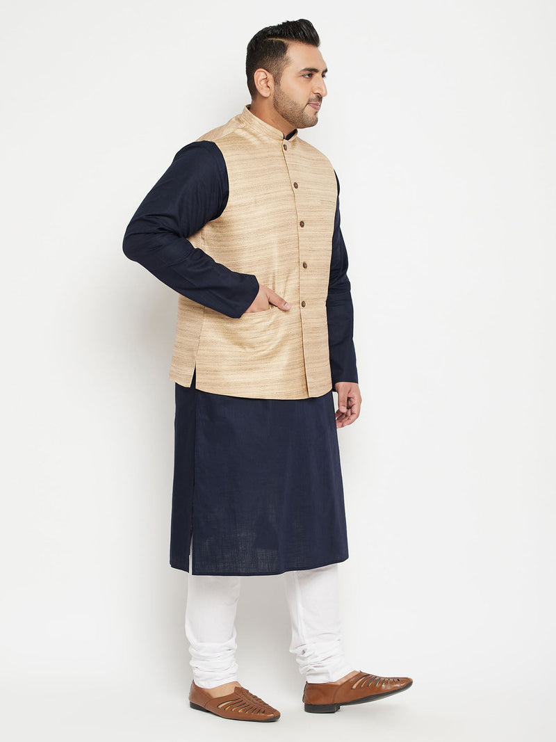 Men's Plus Size Navy Blue And Beige Cotton Blend Jacket Kurta Pyjama Set