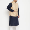 Men's Plus Size Navy Blue And Beige Cotton Blend Jacket Kurta Pyjama Set