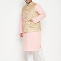 Men's Plus Size Pink Kurta And White Pyjama Set With Beige Nehru Jacket