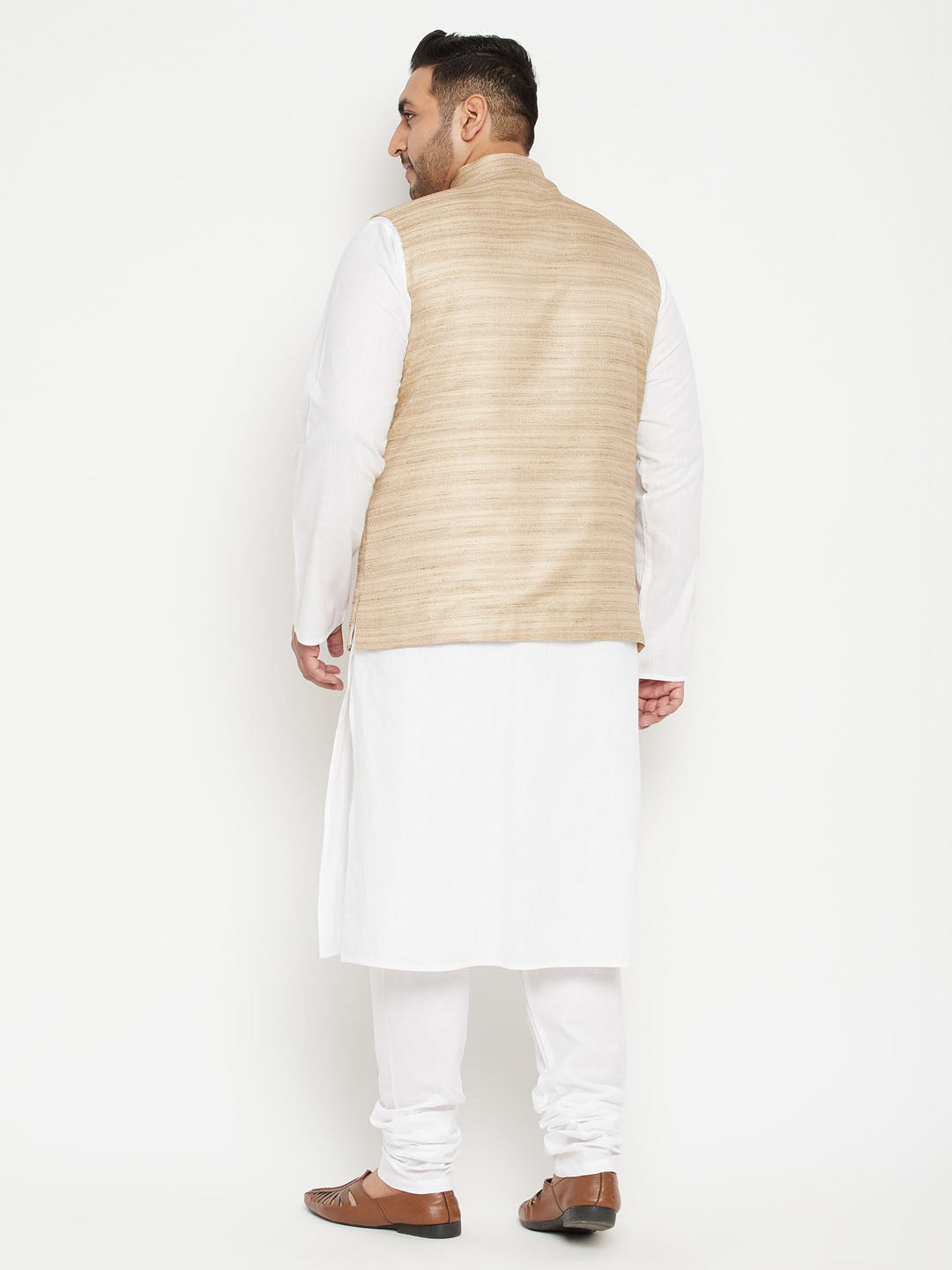 Men's Plus Size White And Beige Cotton Blend Jacket Kurta Pyjama Set