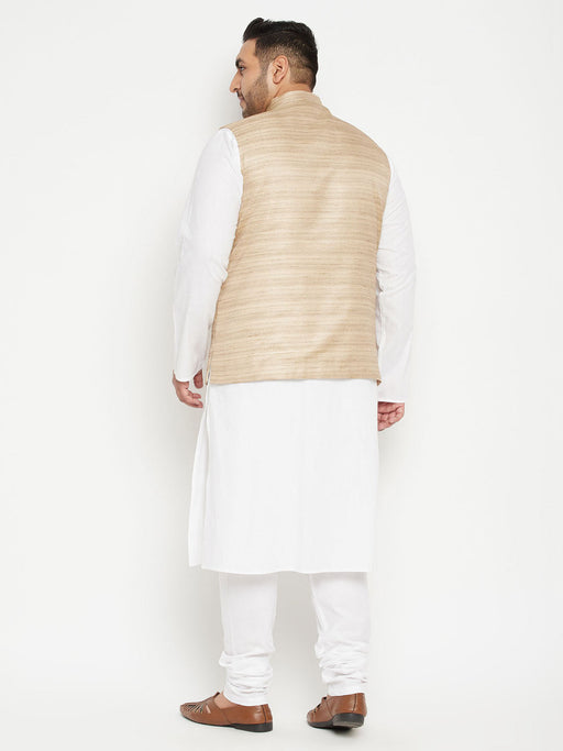 Men's Plus Size White And Beige Cotton Blend Jacket Kurta Pyjama Set