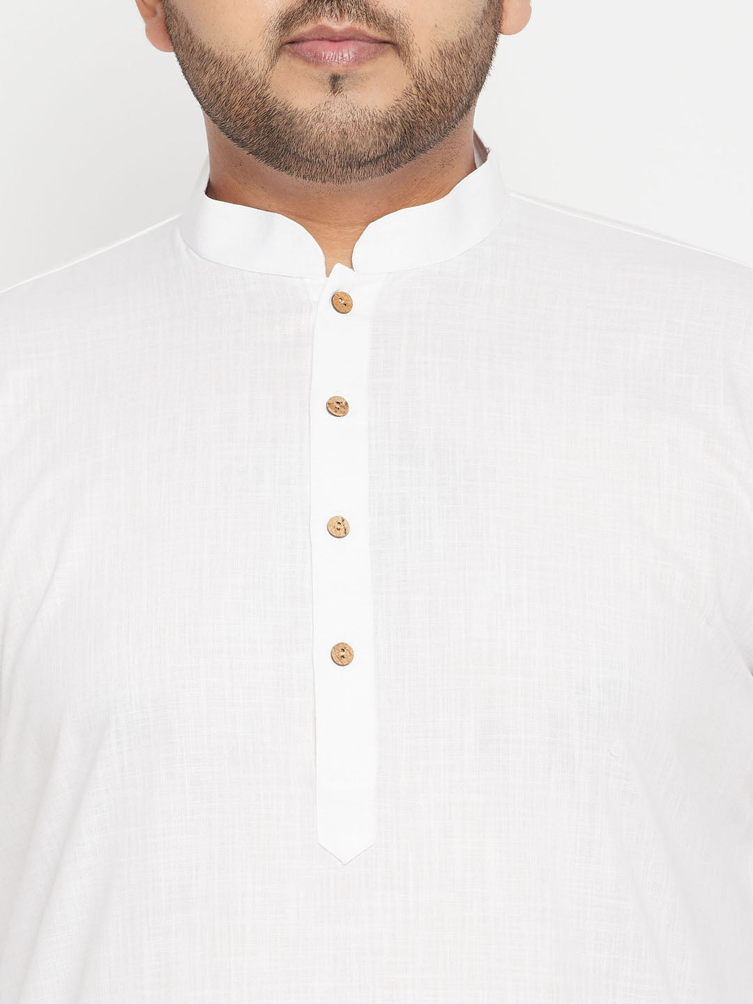 Men's Plus Size White And Beige Cotton Blend Jacket Kurta Pyjama Set