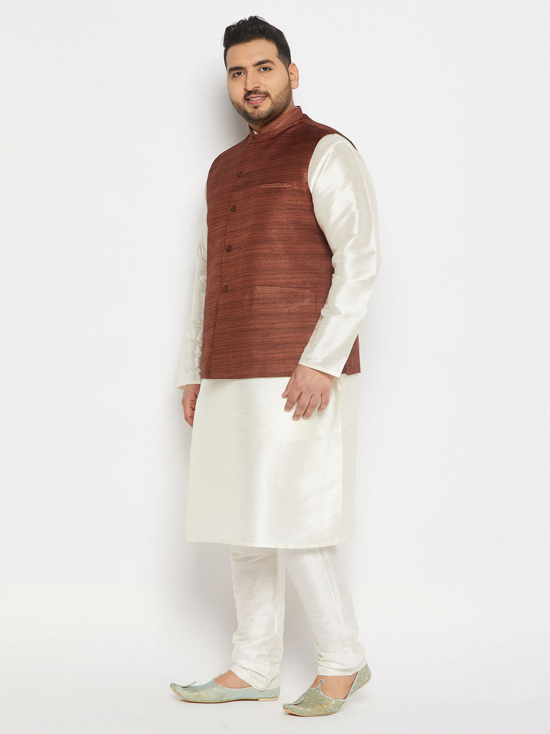 Men's Plus Size Coffee Matka Silk Nehru Jacket With Cream Silk Blend Kurta And Pant Style Pyjama Set