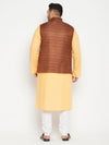 Men's Plus Size Fawn And Coffee Brown Cotton Blend Jacket Kurta Pyjama Set