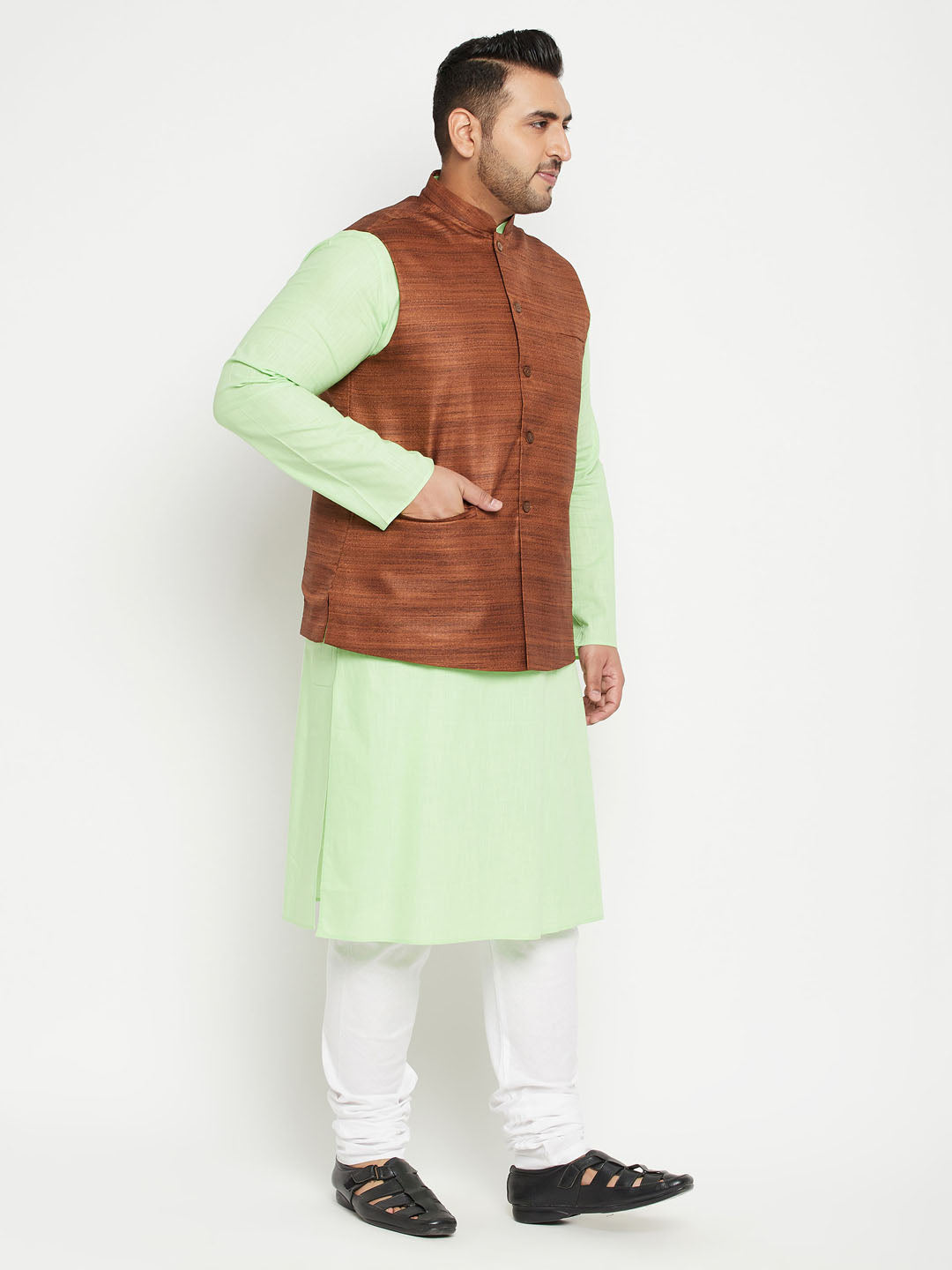 Men's Plus Size Mint Green And Coffee Brown Cotton Blend Jacket Kurta Pyjama Set