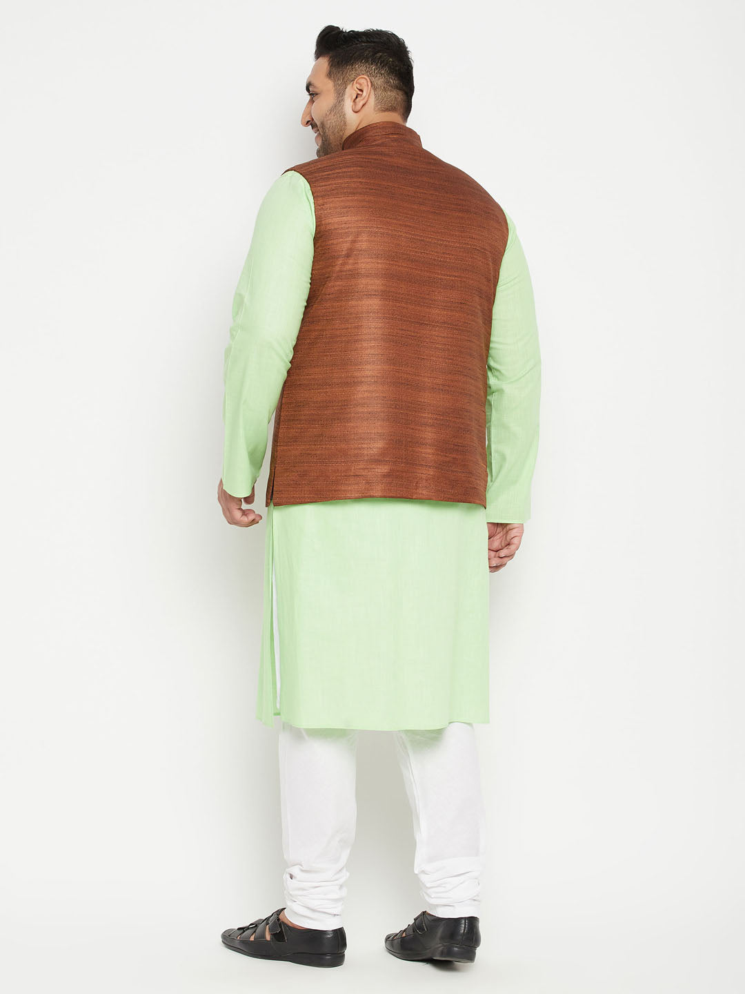 Men's Plus Size Mint Green And Coffee Brown Cotton Blend Jacket Kurta Pyjama Set