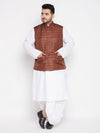 Men's Plus Size Coffee Cotton Blend Jacket With White Kurta And Dhoti Set