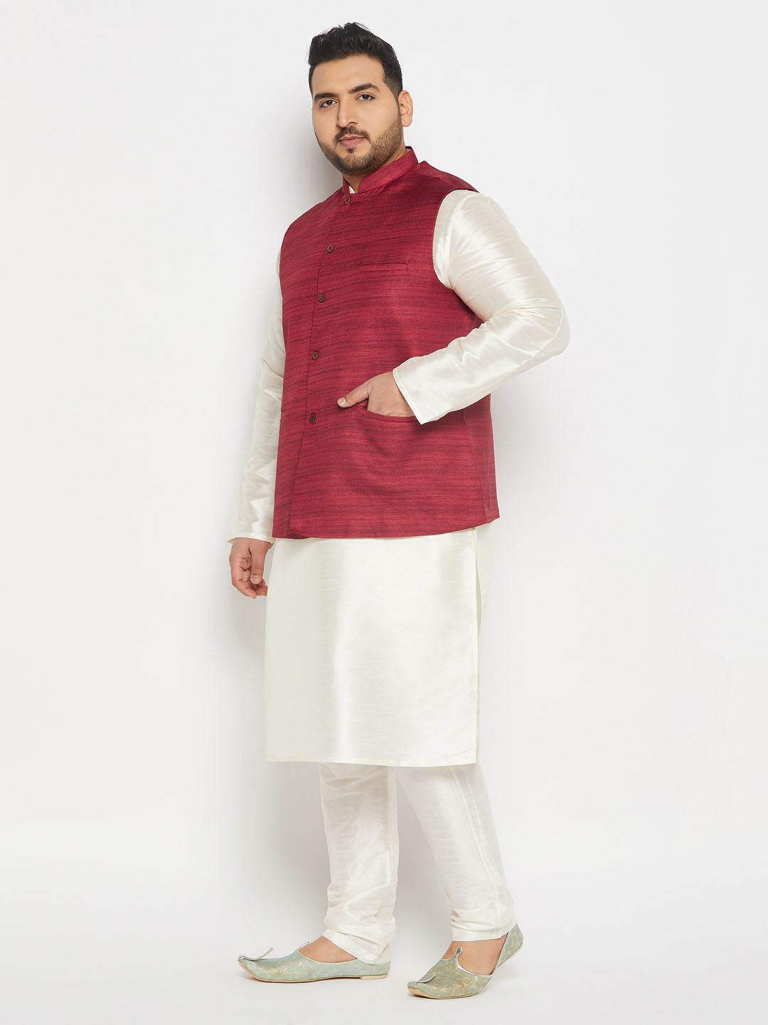 Men's Plus Size Maroon Matka Silk Nehru Jacket With Cream Silk Blend Kurta And Pant Style Pyjama Set