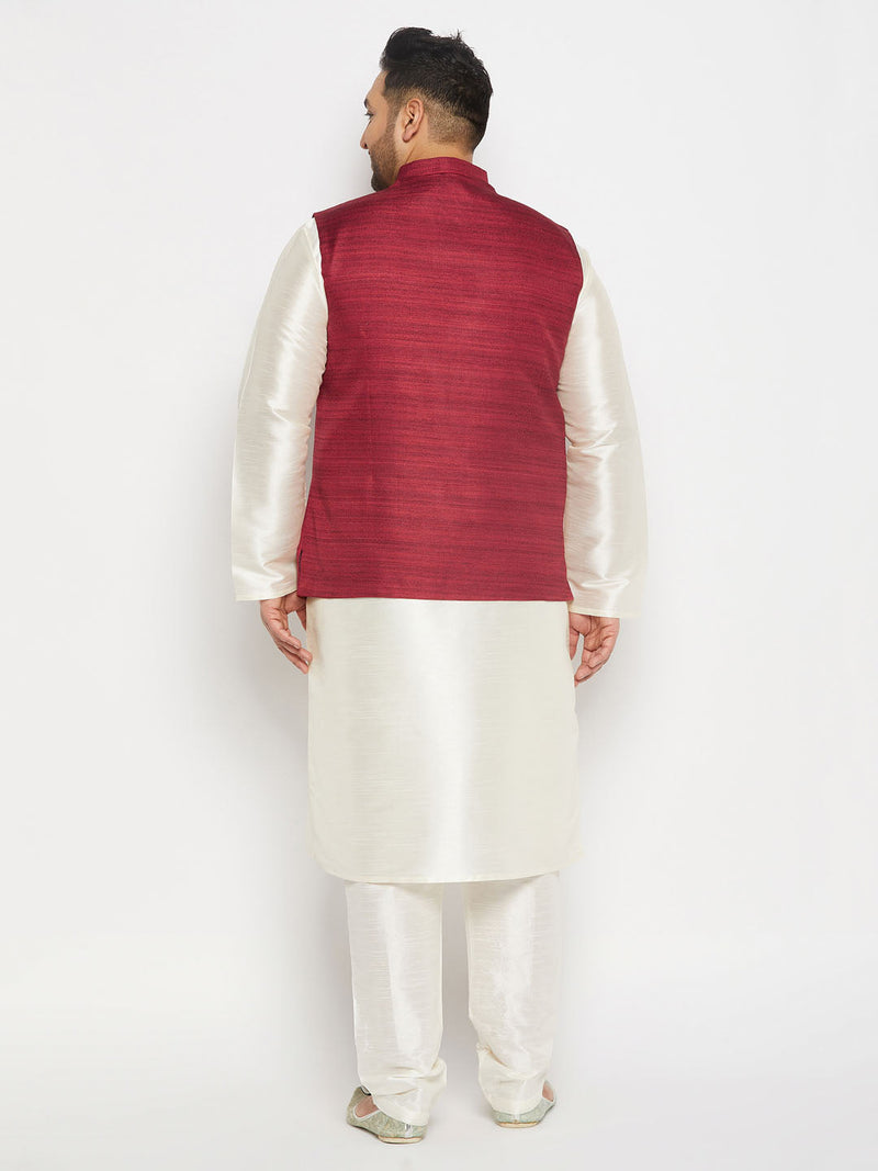 Men's Plus Size Maroon Matka Silk Nehru Jacket With Cream Silk Blend Kurta And Pant Style Pyjama Set