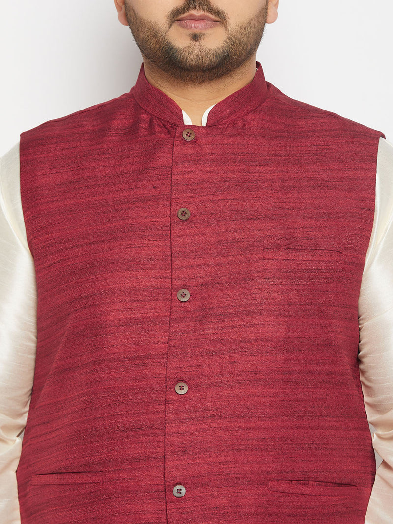 Men's Plus Size Maroon Matka Silk Nehru Jacket With Cream Silk Blend Kurta And Pant Style Pyjama Set