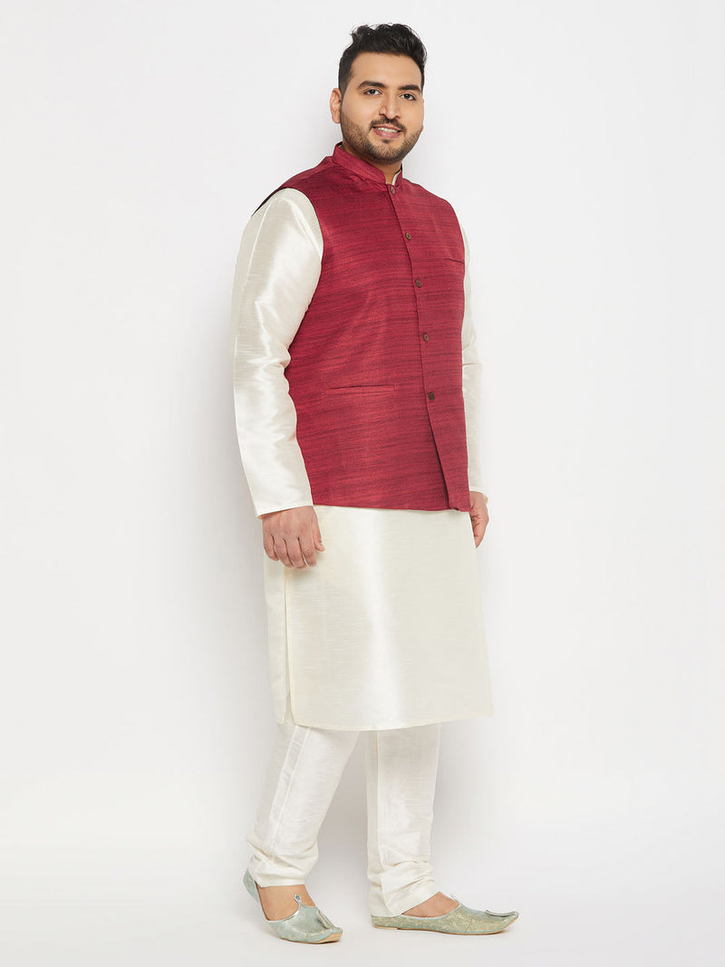 Men's Plus Size Maroon Matka Silk Nehru Jacket With Cream Silk Blend Kurta And Pant Style Pyjama Set