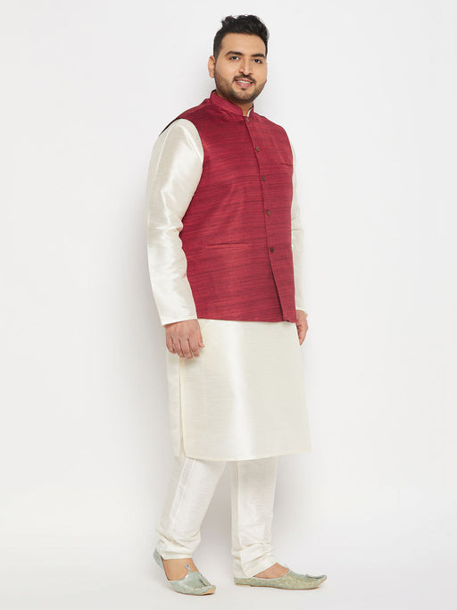 Men's Plus Size Maroon Matka Silk Nehru Jacket With Cream Silk Blend Kurta And Pant Style Pyjama Set
