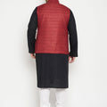 Men's Plus Size Black, Maroon Cotton Blend Jacket Kurta Pyjama Set