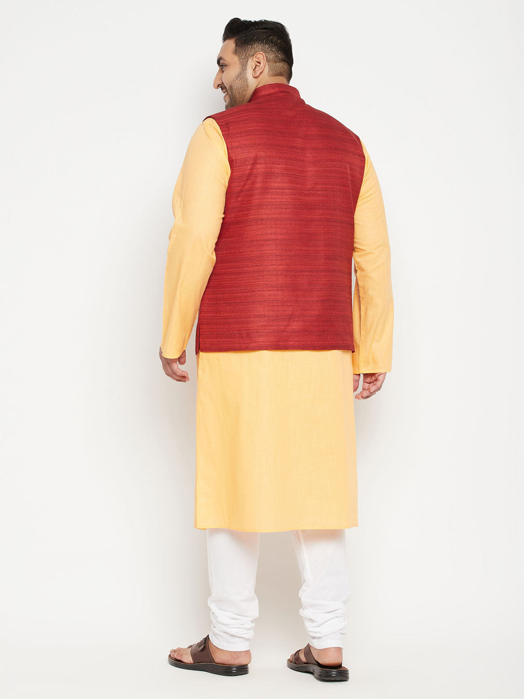 Men's Plus Size Fawn And Maroon Cotton Blend Jacket Kurta Pyjama Set