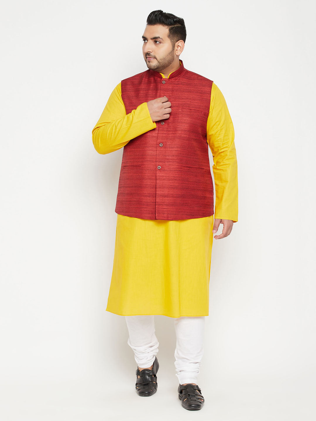 Men's Plus Size Mustard And Maroon Cotton Blend Jacket Kurta Pyjama Set