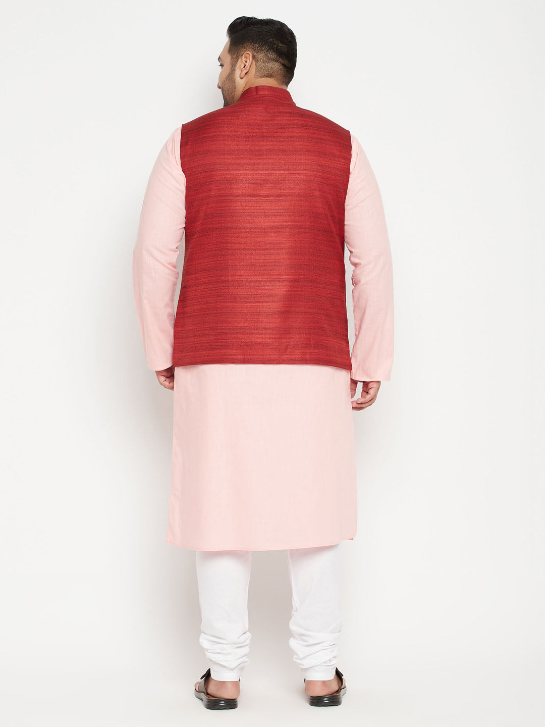 Men's Plus Size Pink And Maroon Cotton Blend Jacket Kurta Pyjama Set
