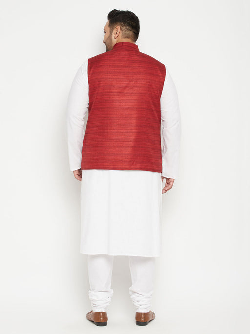 Men's Plus Size White And Maroon Cotton Blend Jacket Kurta Pyjama Set