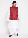 Men's Plus Size Maroon Cotton Blend Jacket With White Kurta And Dhoti Set