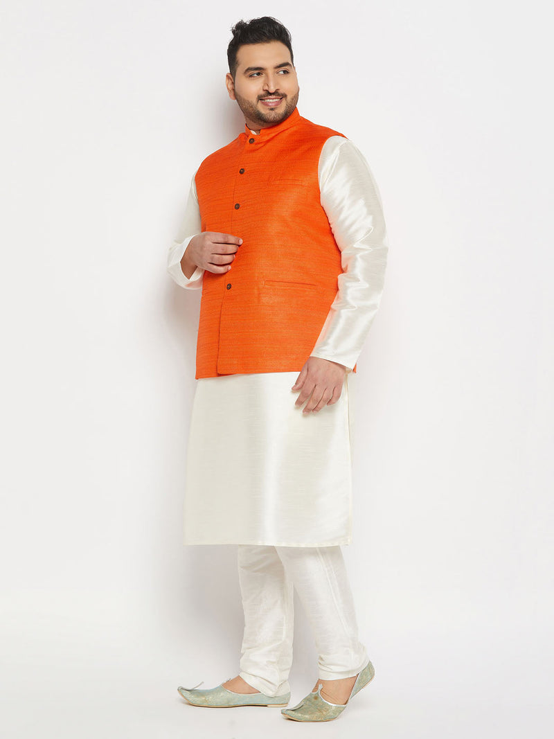Men's Plus Size Orange Matka Silk Nehru Jacket With Cream Silk Blend Kurta And Pant Style Pyjama Set