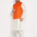 Men's Plus Size Orange Matka Silk Nehru Jacket With Cream Silk Blend Kurta And Pant Style Pyjama Set