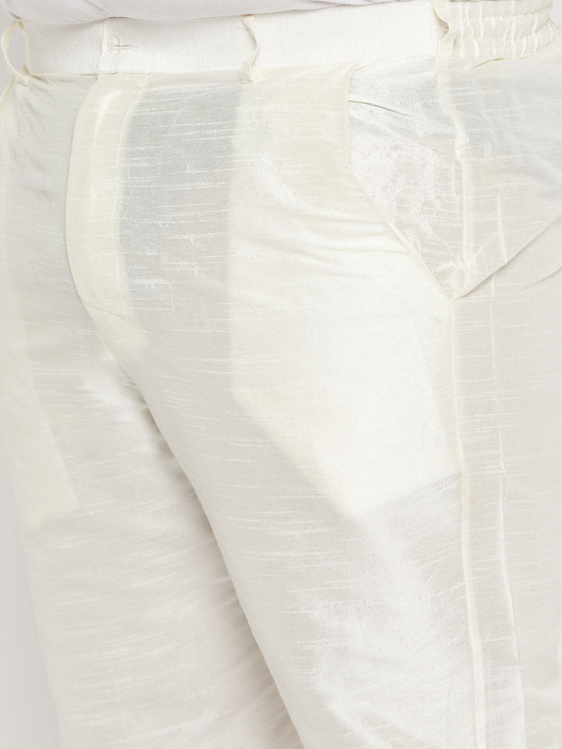 Men's Plus Size Orange Matka Silk Nehru Jacket With Cream Silk Blend Kurta And Pant Style Pyjama Set