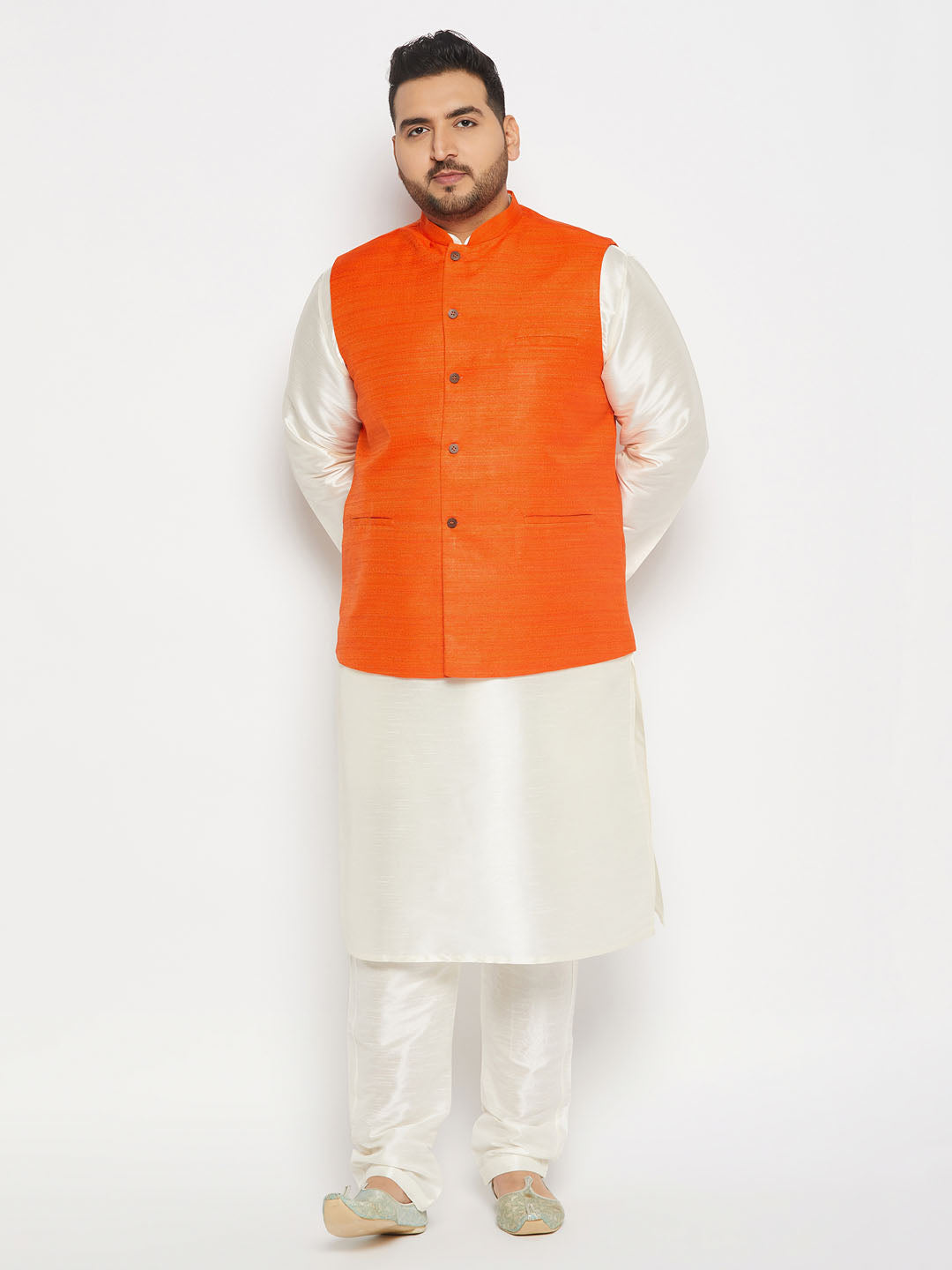 Men's Plus Size Orange Matka Silk Nehru Jacket With Cream Silk Blend Kurta And Pant Style Pyjama Set