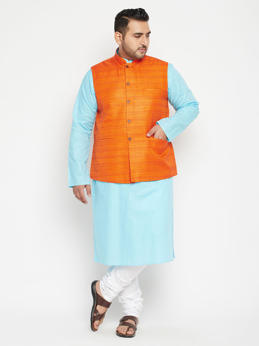 Plus Size Men's Aqua Blue Kurta And White Pyjama With Nehru Jacket Set