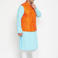 Plus Size Men's Aqua Blue Kurta And White Pyjama With Nehru Jacket Set