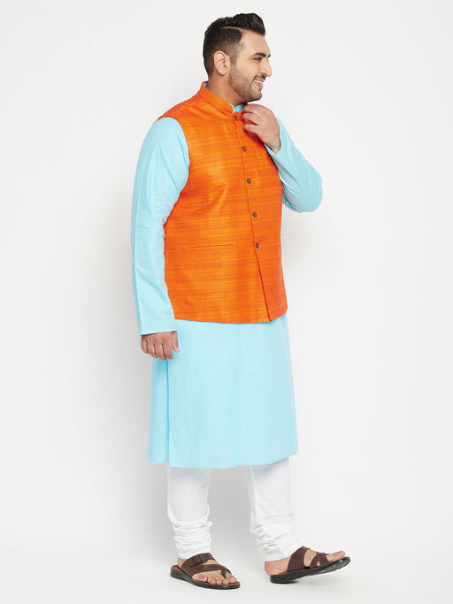 Plus Size Men's Aqua Blue Kurta And White Pyjama With Nehru Jacket Set