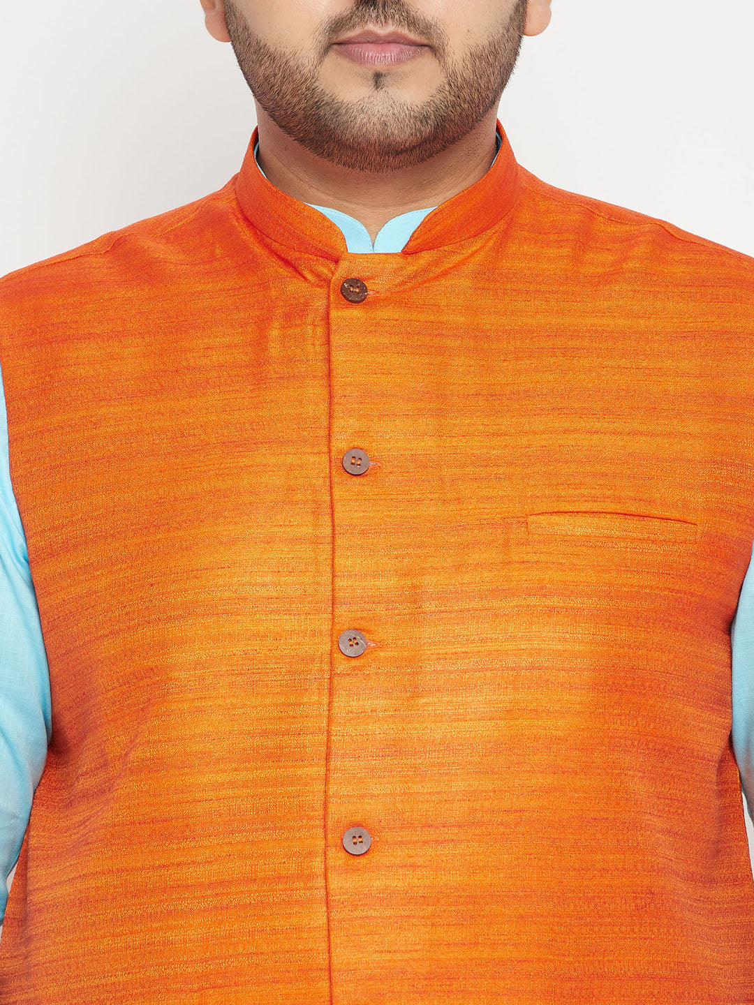 Plus Size Men's Aqua Blue Kurta And White Pyjama With Nehru Jacket Set