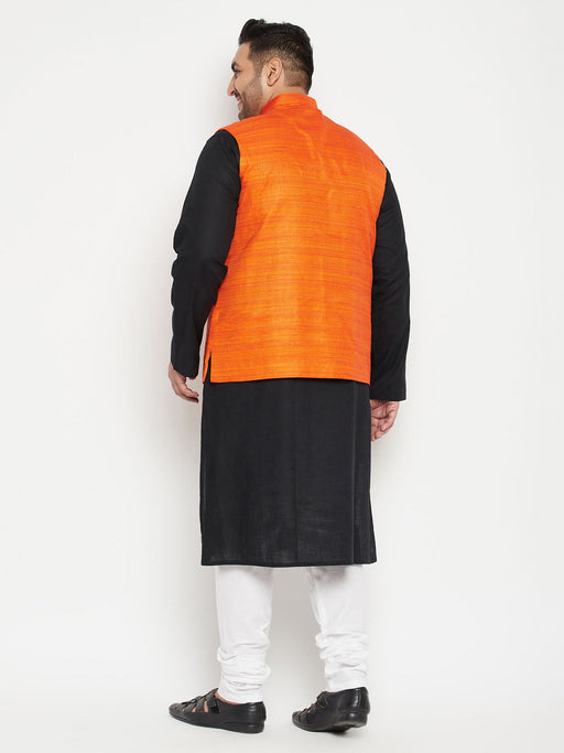 Plus Men's Black And White Pyjama Set With Orange Nehru Jacket Set